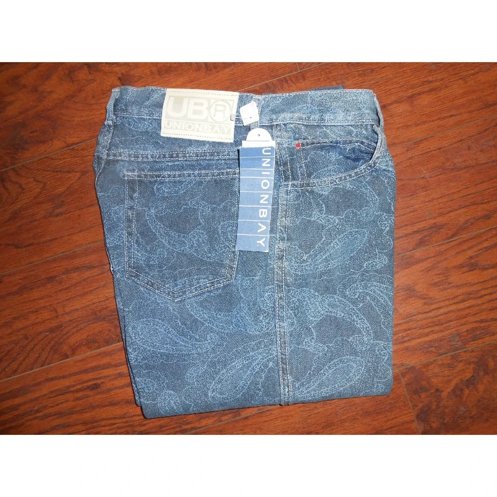 Womens 80s Vintage Union Bay Paisley Blue Jeans Denim Pants 32 Medium Stone wash